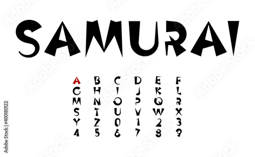 Black ink vector letters, cartoon bold font concept in japanese and chinese style for asian headline, monogram and logo. Samurai and ninja alphabet.