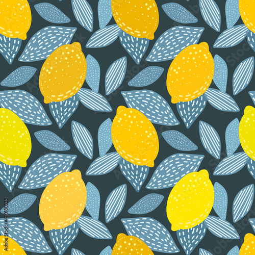 Lemon seamless pattern vector illustration. Summer design repeated textile with citrus fruits. Wallpaper printing background for boys and girls.