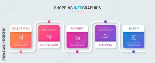 Concept of shopping process with 5 successive steps. Five colorful graphic elements. Timeline design for brochure, presentation, web site. Infographic design layout.