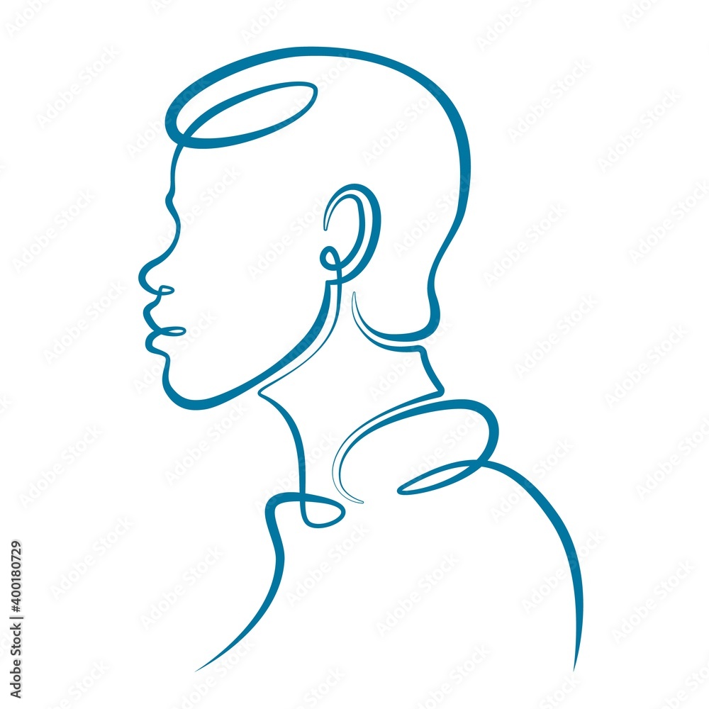 Portrait profile silhouette of a female head, young woman girl with beautiful hairstyle. One line continuous thick bold single drawn art doodle isolated hand drawn outline logo illustration.