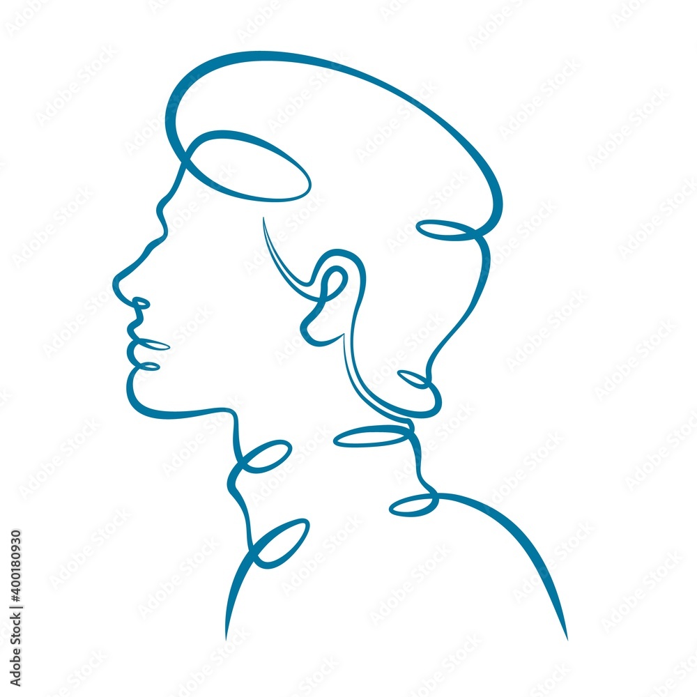 Portrait silhouette in profile of the head of a young man. One line continuous thick bold single drawn art doodle isolated hand drawn outline logo illustration.