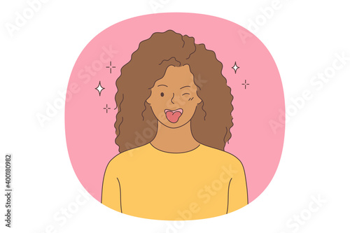 Woman expressing positive emotions concept. Young woman cartoon character showing tongue, feeling playful and happy, showing positive attitude and smiling. Facial expression vector illustration