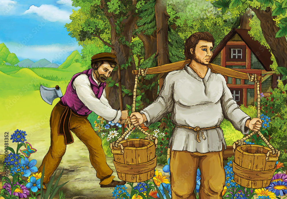 cartoon scene farmer in forest house illustration