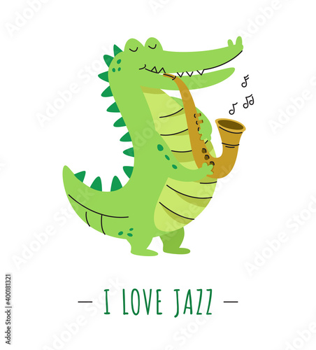 Crocodile saxophonist character isolated.
