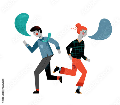 Man and woman under stress trying to communicate in passing. Communication problem. Bad management. Burn out. 