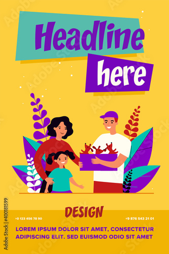 Little girl admiring puppies. Man showing box of cute dogs to mother and daughter flat vector illustration. Pet adoption, animal care, family concept for banner, website design or landing web page