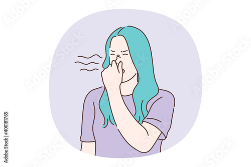 Unpleasant smell concept. Young girl teenager cartoon character covering nose with hands smelling disgusting odor from something outside vector illustration 
