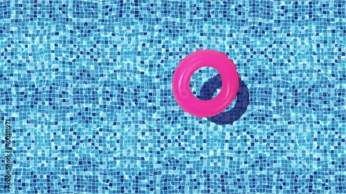 Swimming pool with blue square tiles and a bright pink inflatable toy buoy shaped like a donut. Realistic animation.