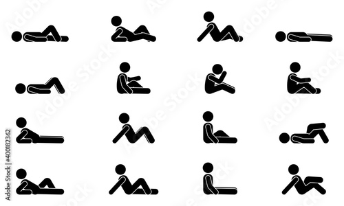 Stick figure man lie down various positions vector illustration icon set. Male person sleeping, laying, sitting on floor, ground side view silhouette pictogram on white