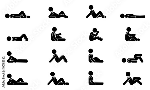 Stick figure man lie down various positions vector illustration icon set. Male person sleeping, laying, sitting on floor, ground side view silhouette pictogram on white
