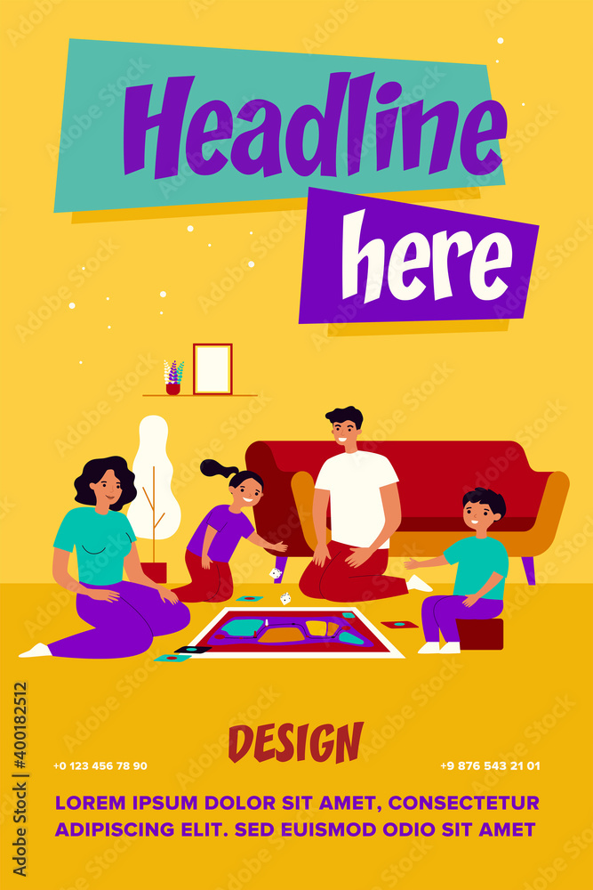 Happy parents and kids playing board game at home. Couple with two teenage children enjoying fun time in living room. For family entertainment, leisure, parenthood concept