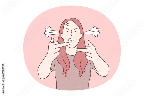 Anger, rage, aggression concept. Young angry furious female cartoon character standing and showing fuck with fingers and feeling angry and aggressive during communication vector illustration 
