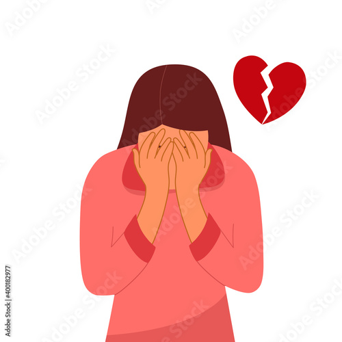 Broken heart concept vector illustration on white background. Sad woman crying with sorrow emotion. Love hurts.