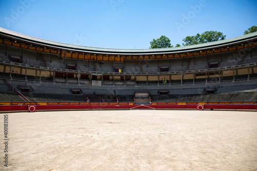 Panoramic view of a bullring from inside on a clear sunny day