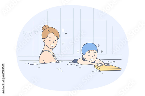 Mother and child in swimming pool concept. Young smiling mother looking at her little son learning to swim in pool and having fun together vector illustration 