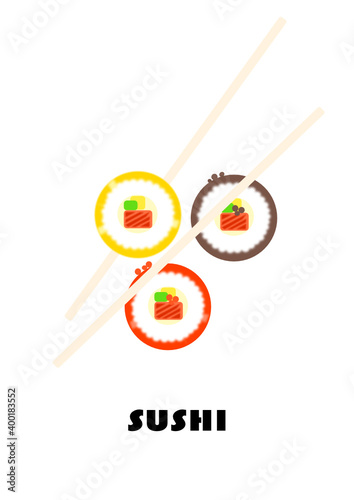 sushi sticks and three types of sushi with different fillings