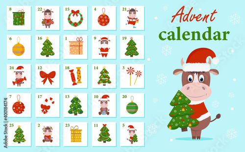 Christmas advent calendar with elements-Christmas tree, gifts, candy, bull 2021.