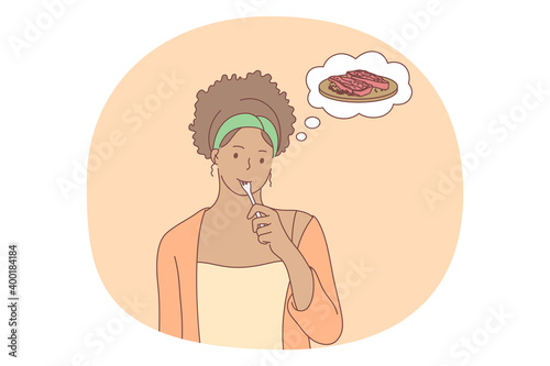 Unhealthy eating, fast and junk food, calories concept. Young positive girl cartoon character standing and dreaming of eating fast food sugar fat waffles. Overweight, snack, lifestyle, harmful eating