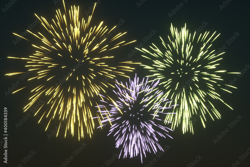 3 fireworks in the night sky