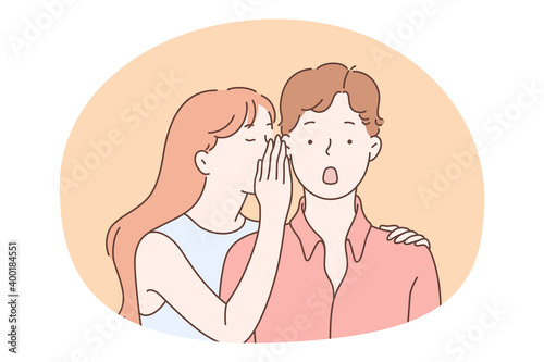 Gossip, secret, privacy concept. Teen girl cartoon character whispering secret to her surprised boy friend, covering his ear with hand vector illustration 