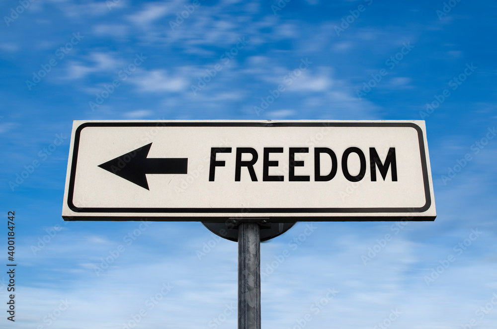 Freedom road sign, arrow on blue sky background. One way blank road sign with copy space. Arrow on a pole pointing in one direction. Freedom road sign, arrow on blue sky background. One way blank road sign with copy space. Arrow on a pole pointing in one direction.