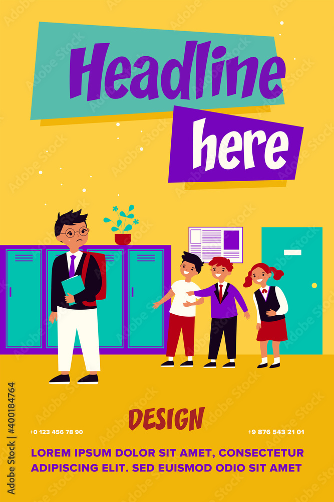 Kids laughing on crying boy in school corridor isolated flat vector illustration. Children scaring sad lonely nerd. Bullying in school and social problem concept
