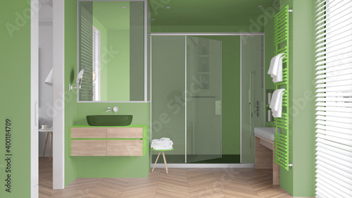 Fotografija Minimalist bathroom in green tones with sink, large shower with glass cabin, hea