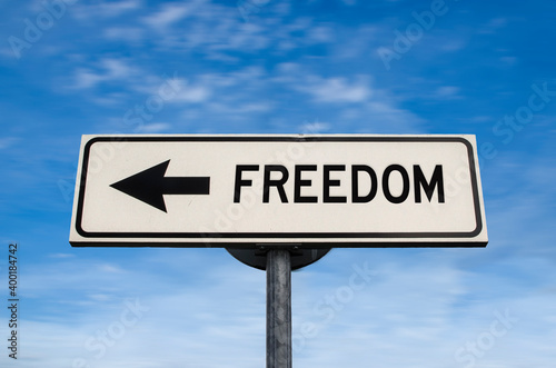 Freedom road sign, arrow on blue sky background. One way blank road sign with copy space. Arrow on a pole pointing in one direction.
