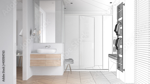 Architect interior designer concept  hand-drawn draft unfinished project that becomes real  bathroom design with sink  shower cabin  heated tower rail  parquet  window with blinds