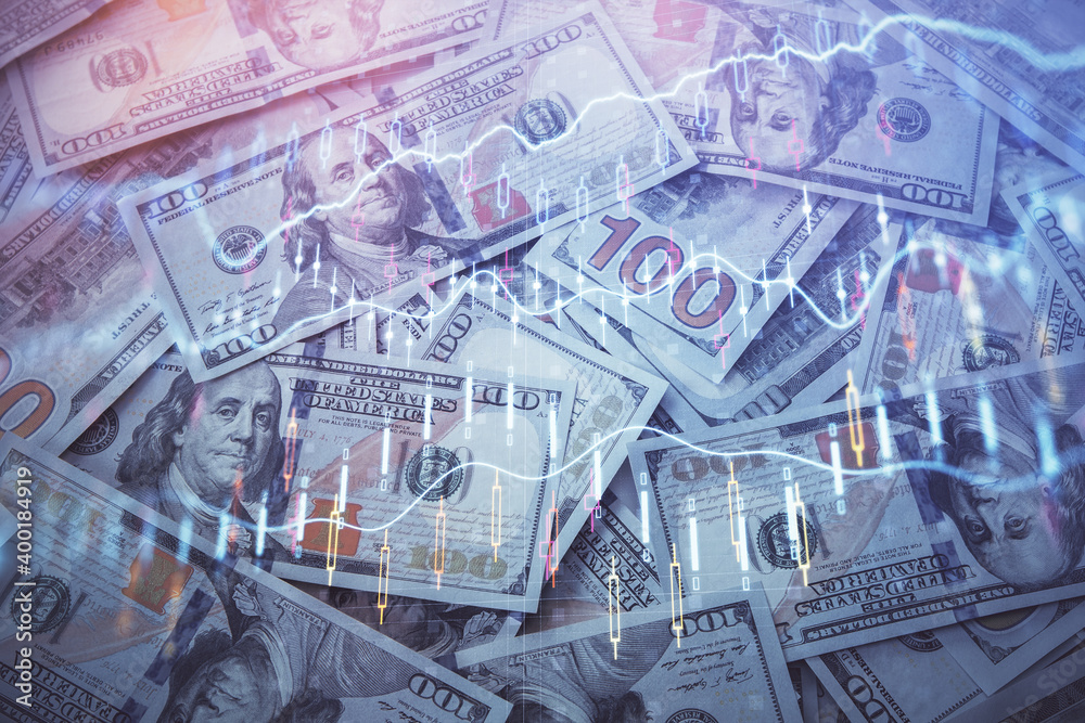 Double exposure of forex graph drawing over us dollars bill background. Concept of financial markets. Double exposure of forex graph drawing over us dollars bill background. Concept of financial markets.