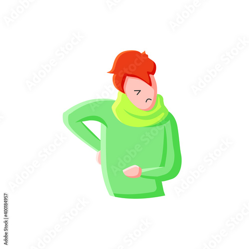Muscle or back ache flat icon. Character with stomach, flu disease pain. Covid19 symptoms concept. Health problem. Color vector illustration