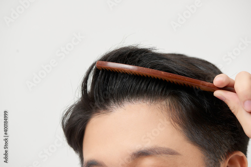 Close up photo of clean healthy man's hair without furfur