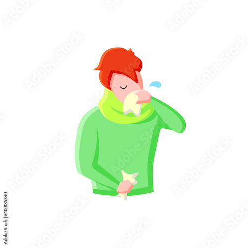 Runny nose flat icon. Common cold. Flu infection. Covid19 symptoms concept. Character blowing his nose in a handkerchief. Allergy. Color vector illustration