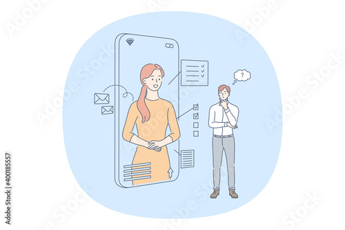 Online communication, business ideas, planning concept. Young smiling business woman helping her boss to organise business tasks from smartphone screen. Success, technology, distant work