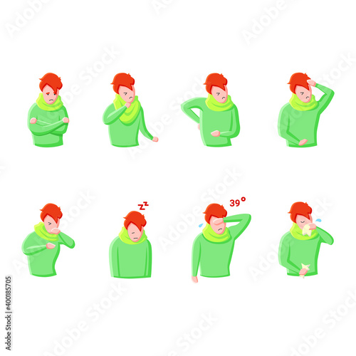 Flu disease flat icons set. Fever, cough, tiredness and throat pain and more. Covid19, flu, cold symptoms concept. Health problems. Health care. Color vector illustrations