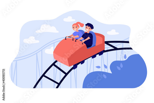 Happy kids riding on high rollercoaster flat vector illustration. Cartoon children having fun, laughing and screaming in amusement park. Childhood and entertainment concept
