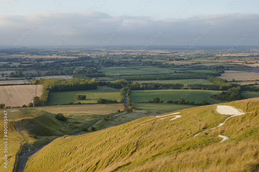 English countryside from White Horse Hill Uffington with horse drawing on hill