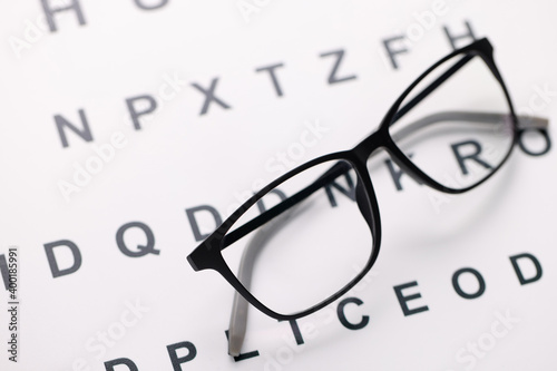 Glasses for vision in black frames lying on test chart closeup