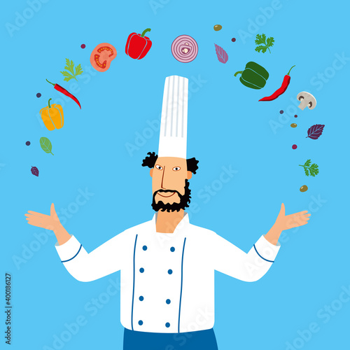 A pleasant chef with a beard tosses the ingredients for the dish. Cute cartoon character. Vector graphics