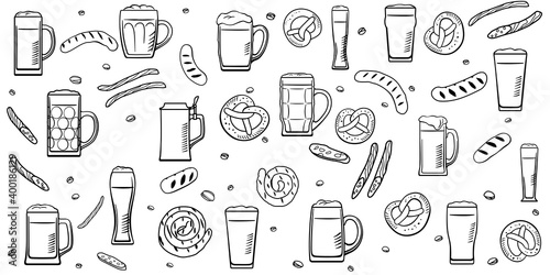 Background texture with beer mugs and snacks. Vector stylish graphics. Drawings for a beer bar, restaurant