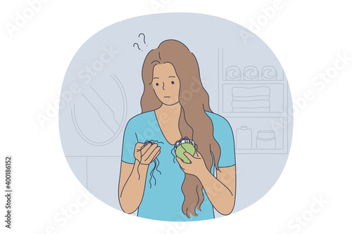 Losing hair concept. Young unhappy stressed woman cartoon character looking at hairbrush and finding much hair after combing. Baldness, Alopecia, hair loss concept 
