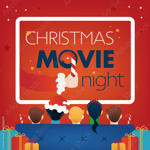 Christmas Movie Night square Cover, Kids TV party. Children, Gifts, sofa, screen on red background. Vector Illustration, web site flyer, invitation template