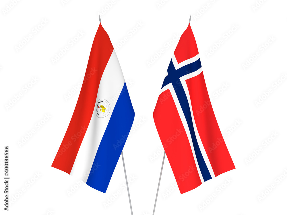 National fabric flags of Norway and Paraguay isolated on white background. 3d rendering illustration.