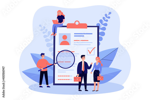 Tiny people checking application form for employment isolated flat vector illustration. Cartoon characters selecting resume or claim for job. Human research and recruitment concept