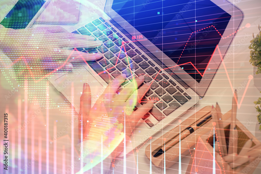 Obraz premium Multi exposure of woman hands typing on computer and forex chart hologram drawing. Stock market analysis concept.