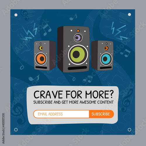 Email subscription design with speakers for music. Online newsletter template with sound system, address box, subscribing button. Concert and entertainment concept. Design for website illustration
