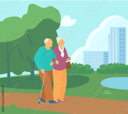 Elderly Couple Walking Arm In Arm In The Summer Park. Active Retirement. Healthy Lifestyle. Vector Illustration.