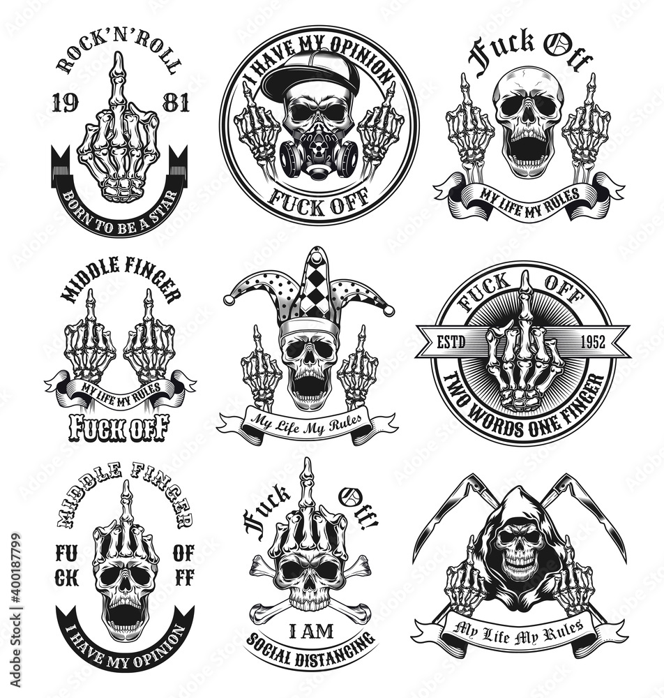 Middle finger emblems set. Monochrome design elements with human skulls showing fuck off hand gesture and text. Nonconformist concept for tattoo, stamp, print templates