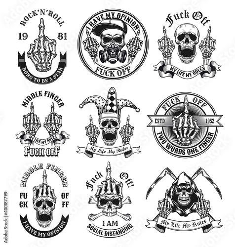 Middle finger emblems set. Monochrome design elements with human skulls showing fuck off hand gesture and text. Nonconformist concept for tattoo, stamp, print templates