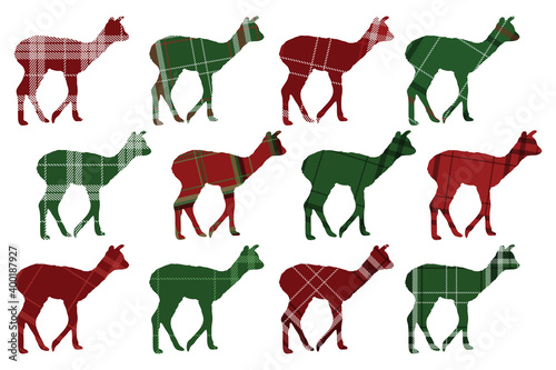 Small alpaca buffalo plaid silhouettes set on white background